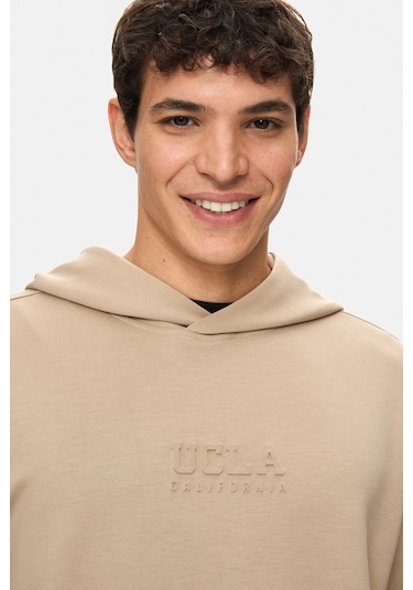 Ucla Wınfrey Koyu Bej Kapüşonlu Gofre Baskı Standard Fit Erkek Sweatshirt Koyu Bej