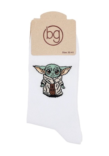 Erkek Pamuklu Özel Desenli Dikişsiz Yumuşak Dokulu Terletmez Rahat Esnek Soket Çorap Beyaz-yoda