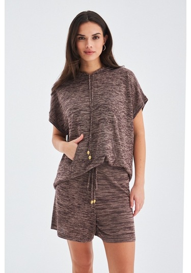 Peraluna Kaıra Blouse & Shorts Kapüşonlu Yazlık Kadın Triko Şort Kahve Kahverengi