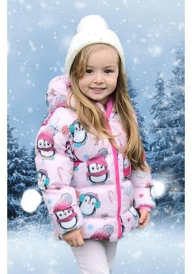 Freemen Polarlı Kürklü Kapüşonlu Penguen Şeker Desenli Kışlık Kız Çocuk Şişme Mont - Pembe