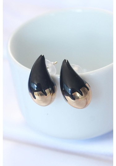 Minimal Siyah Mineli Çift Renk Damla Küpe Gold