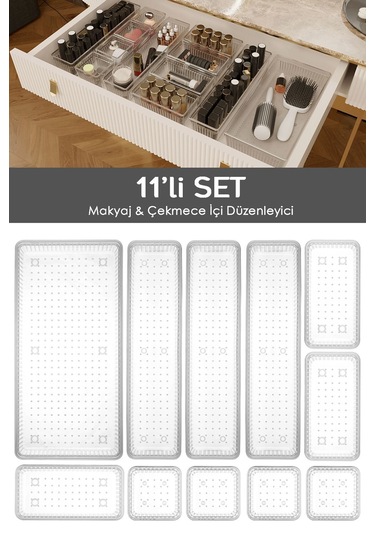 11'li Çekmece İçi Çok Amaçlı Organizer -kozmetik Takı Makyaj Organizeri Dolap İçi Düzenleyici Şeffaf