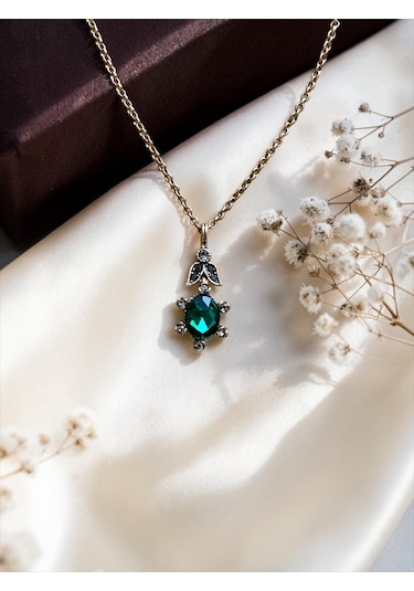 Oval Kristal Taşlı Kolye Yeşil