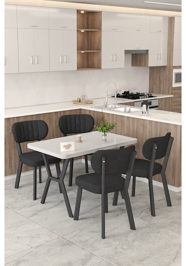 Gnr 70x110cm Sabit Beyaz Mutfak Masası Takımı, Yemek Masası, 4 Modern Siyah Sandalye Siyah