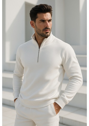 Rich Erkek Ekru Yarım Fermuarlı Sweatshirt Ekru