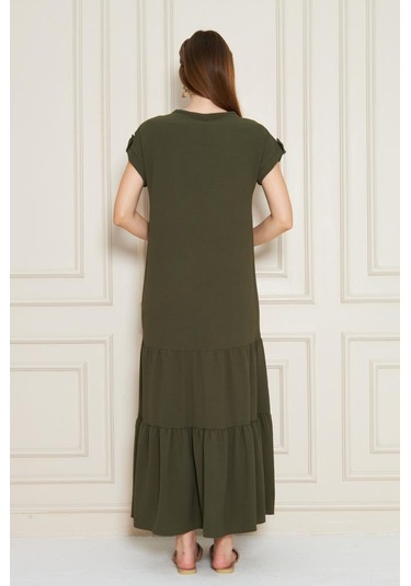 Kadın Uzun Eteği Fırfırlı Kısa Kol Apolet Detaylı Salaş Günlük Rahat Elbise 3761366 Haki