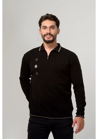 Kamalı Erkek Çelik Örgü Intarsia Gofra Desen Fermuarlı Polo Yaka Tüylenmez Premium Triko Kışlık Baba Kazak Siyah