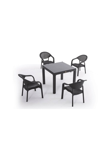 4 Adet Bambu Sandalye 90x90 Cm Camlı Masa Acı Kahverengi