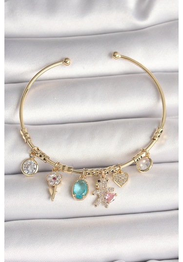 Pirinç Gold Renk Sallantı Zirkon Taşlı Ayıcık Figür Kalp Detay Charm Kadın Bileklik Çok Renkli