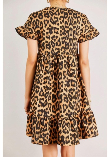 Kadın Eteği Ve Kolu Büzgülü Leopar Desenli Elbise Leopar