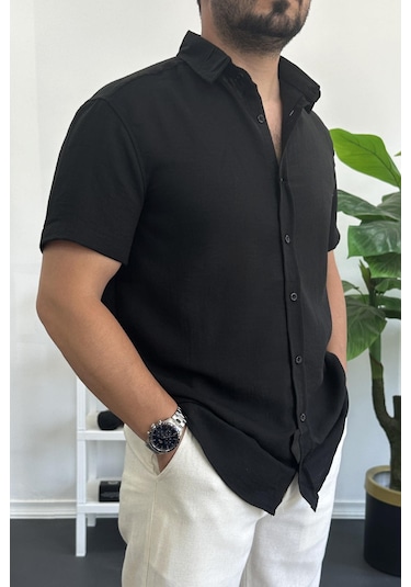 Erkek Kısa Kollu Keten Görünümlü Gömlek Siyah Edw389 Siyah