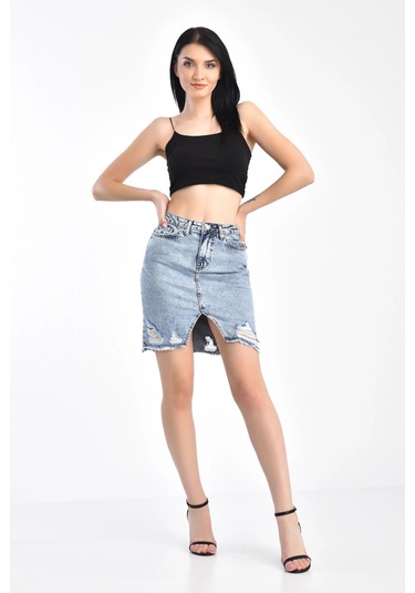 Açık Mavi Lazerli Yırtıklı Kar Yıkama Kot Etek 001