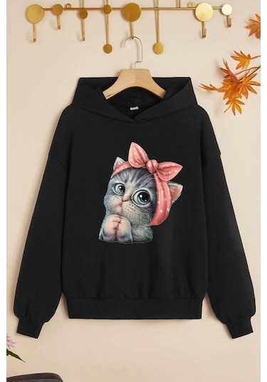 Çocuk Sevimli Kedi Baskılı Sweatshirt Siyah