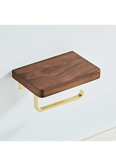 Novahub Retro Ahşap Raflı Tuvalet Kağıdı Tutucu Fırçalanmış Altın Duvara Montajlı Diğer