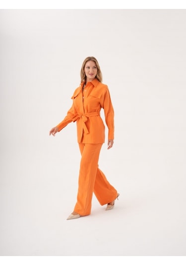 Kuşaklı Düz Form Keten Ceket Orange