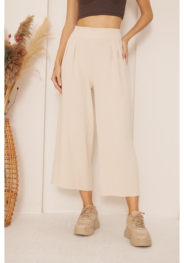 Darlin Moda Bej Yüksek Bel Bol Paça Pantolon Dm3003 Bej