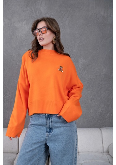 Kadın Dik Yaka Oversize Nakışlı Triko Kazak Turuncu