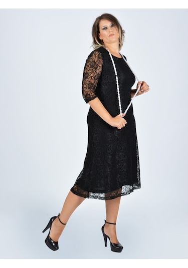 Nidya Moda Büyük Beden Sıfır Yaka Dantel Elbise-4036S Çok Renkli