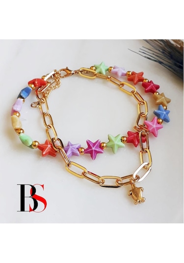 Altın Kaplama Zincir & Kaplumbağa Kadın Yıldız İkili Halhal Çok Renkli