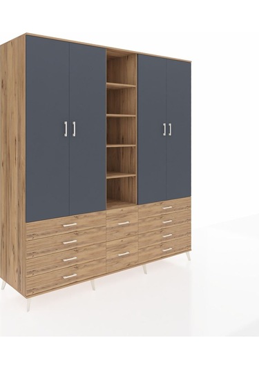 Kronos Dolap 9 Raflı 10 Çekmeceli 2 Askılı 220x59x243 Çam-antrasit/çam Antrasıt/atlas Çam