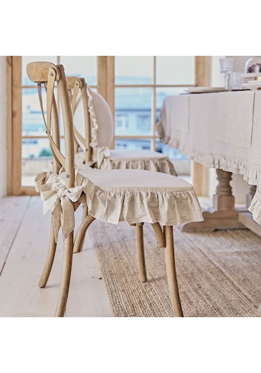 El Yapımı Buldan Yıkanmıs Keten 4 Tarafı Fırfırlı Sandalye Minderi Kılıfı Süngersiz Naturel