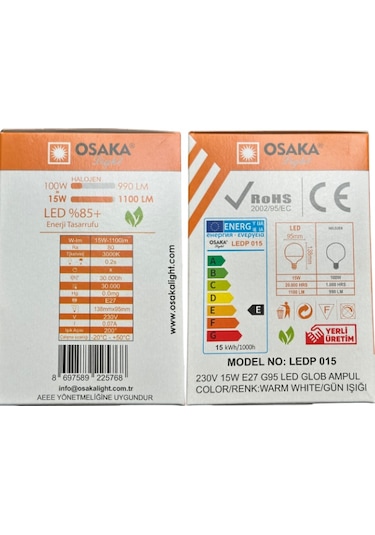 Osaka 15w 100w 3000k Günışığı E27 Duylu G95 Led Glop Ampul