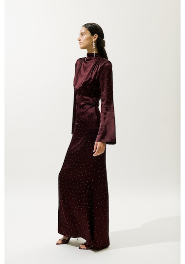 Mıla Taşlı Abiye Elbise Bordo Bordo