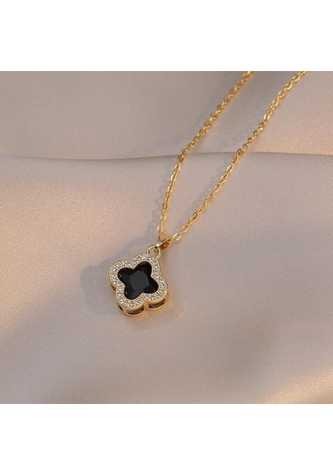 Siyah Dört Yapraklı Yonca Kolye Hafif Lüks Köprücük Kemiği Zinciri İns Set Elmas Titanyum Çelik Kolye Anneler Günü / Sevgililer Günü Yonca Kolye