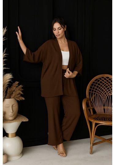 Bürümcük Kumaş Kimono Hırka Alt-üst Takım M-6xl Kahverengi