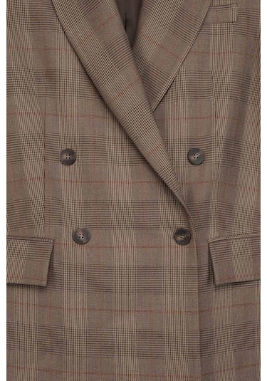 Kadın Kahverengi Ekoseli Oversize Blazer Kahverengi