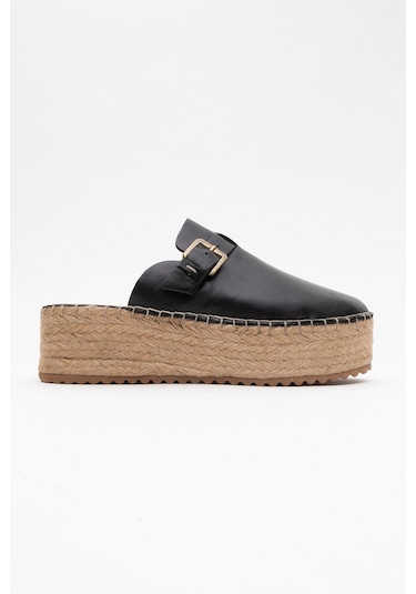 Luvishoes Novas Siyah Cilt Hakiki Deri Burnu Kapalı Hasır Dolgu Taban Terlik Siyah