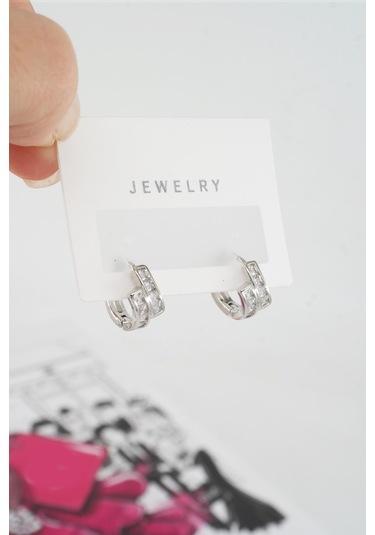 Byzeynaaksesuar Kadın Özel Tasarım Zirkon Taşlı 2'li Minimal Küpe 0011 Çok Renkli