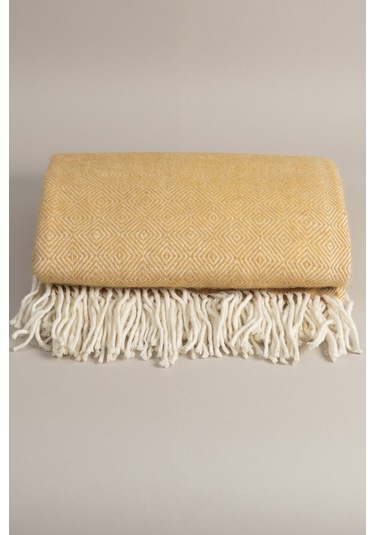 Suez Hardal Beyaz Renkli Yün Çift Kişilik Battaniyesi 91252 180x2 Hardal