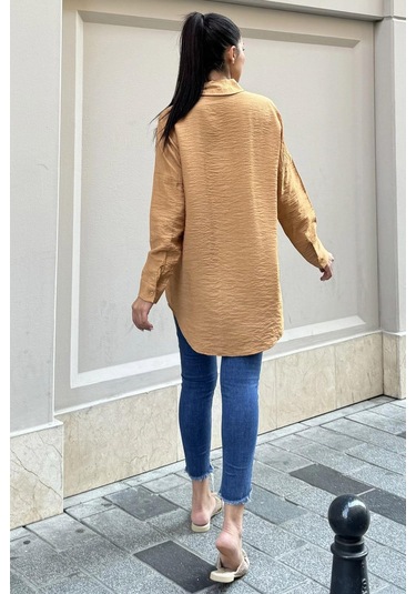 Taş Kahve Keten Taşlı Klasik Gömlek Karamel