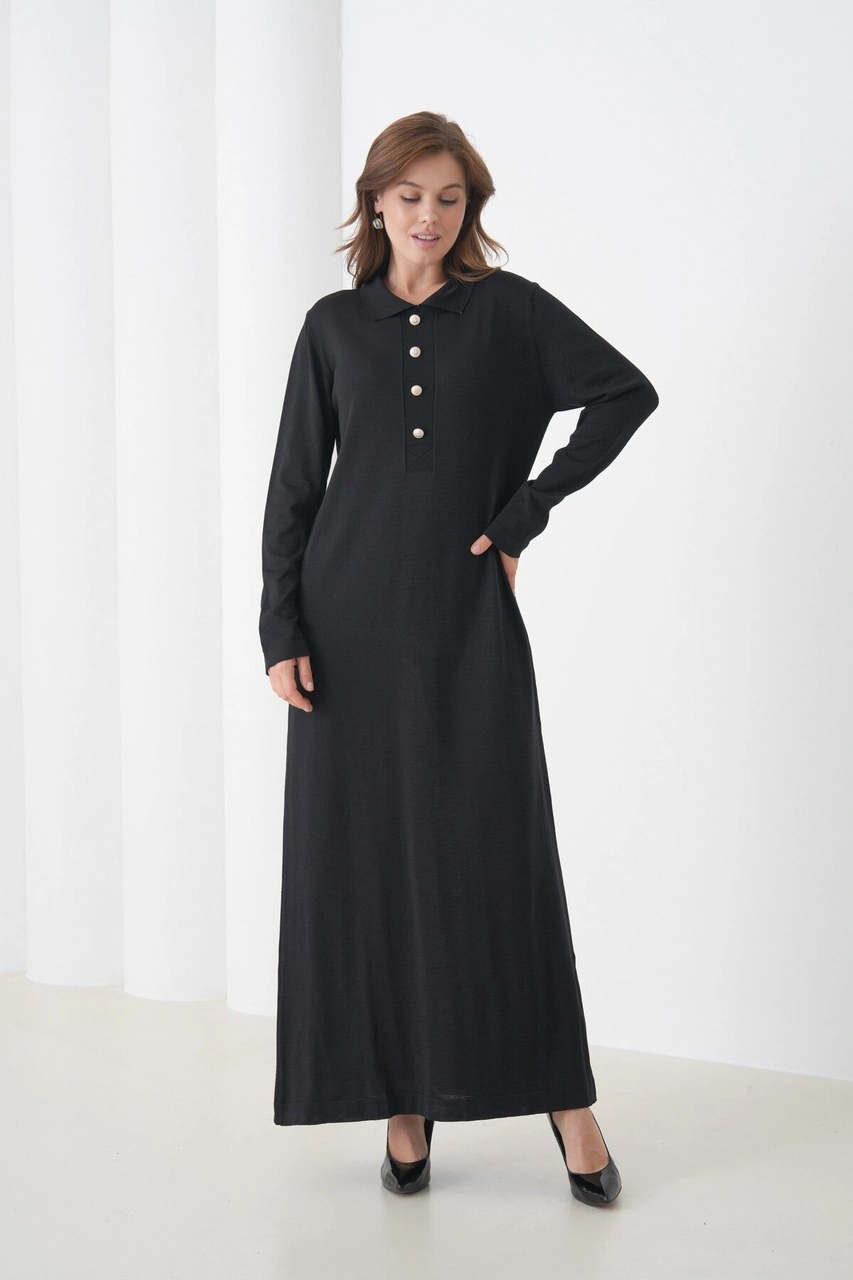 Kadın Uzun Kol Gömlek Yaka Triko Önden Düğmeli Triko Spor Şık Elbise Siyah