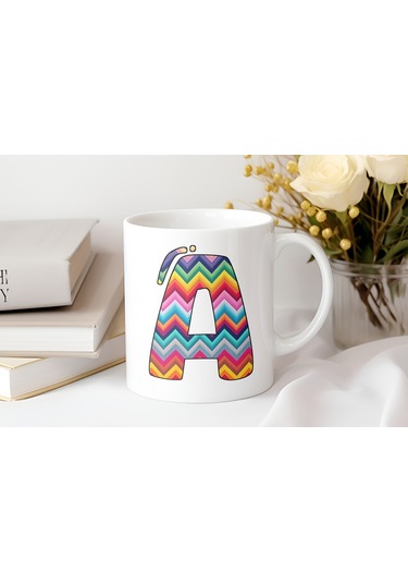 A Harfi Renkli Zigzag Desenli Kupa Bardak - Afrika Tarz Etnik Tasarım Kupa - Kişiye Özel Beyaz