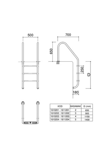 DEKOR HAVUZ 3 BASAMAKLI STANDART PASLANMAZ HAVUZ MERDİVENİ AISI 3