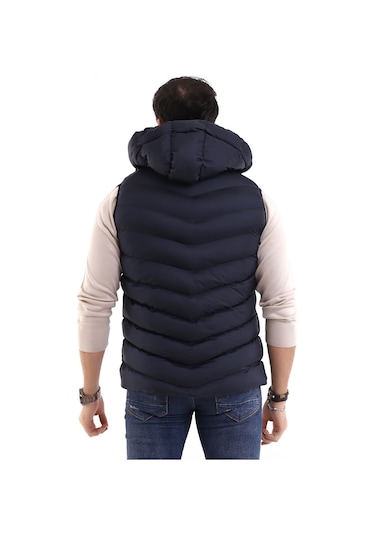 Everest Jel Dolgu Çıkartılabilen Fermuarlı Kapüşonlu Erkek Şişme Yelek Lacivert