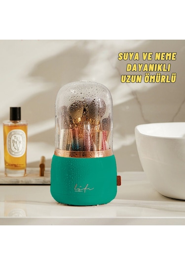 Masaüstü Makyaj Fırçası Ve Kozmetik Düzenleme Kutusu Organizer Bölmeli Dönebilen Yeşil