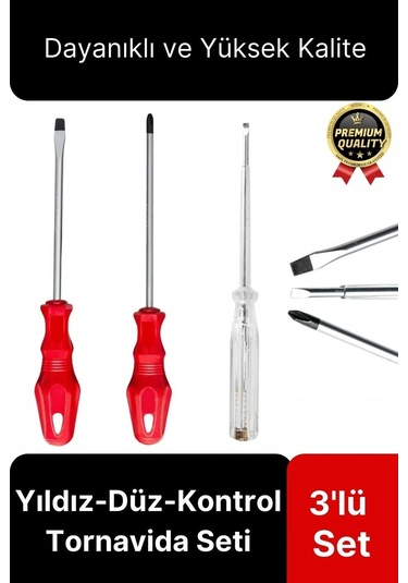 Premium Dayanıklı Ergonomik Vidalama Tamir Tadilat Yıldız Düz Kontrol Kalemi 3'lü Tornavida Seti