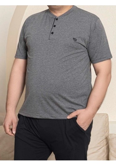 Erkek Geniş Kalıp %100 Pamuk Kısa Kol Cepli Büyük Beden Pijama Takımı Antrasit