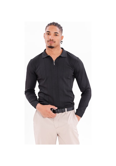 Monox Erkek Yarım Fermuarlı Polo Yaka Triko Kazak Siyah