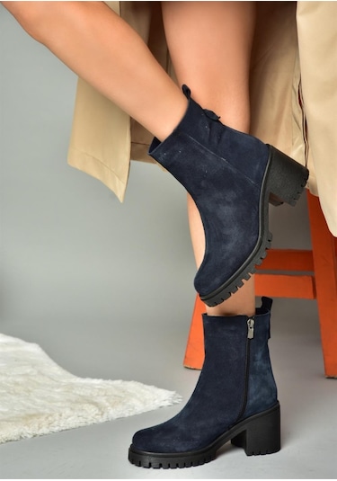 Fox Shoes R654006502 Lacivert Hakiki Deri Süet Kalın Topuklu Kadın Bot Lacivert