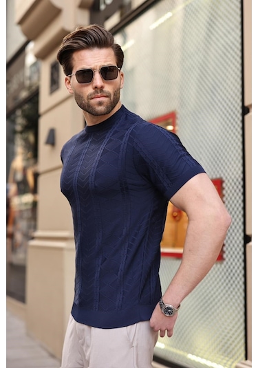 Lacivert Bisiklet Yaka Slim Fit Triko Erkek Tişört E7466