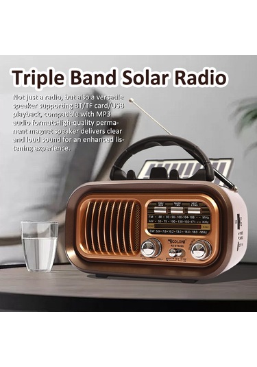 Vkemall Kahverengi Güneş Enerjili Taşınabilir Radyo: Fm/am/kısa Dal, Bluetooth Hoparlör, Tf Kart/usb Çalma, Pil İle Teslim