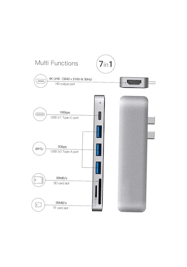 Springsun Çift Usb-c Bağlantı Noktalı Alüminyum Alaşımlı 7'si 1 Arada Çoklu Bağlantı Noktalı Hub 4k Video Hd Çıkış Bağlantı