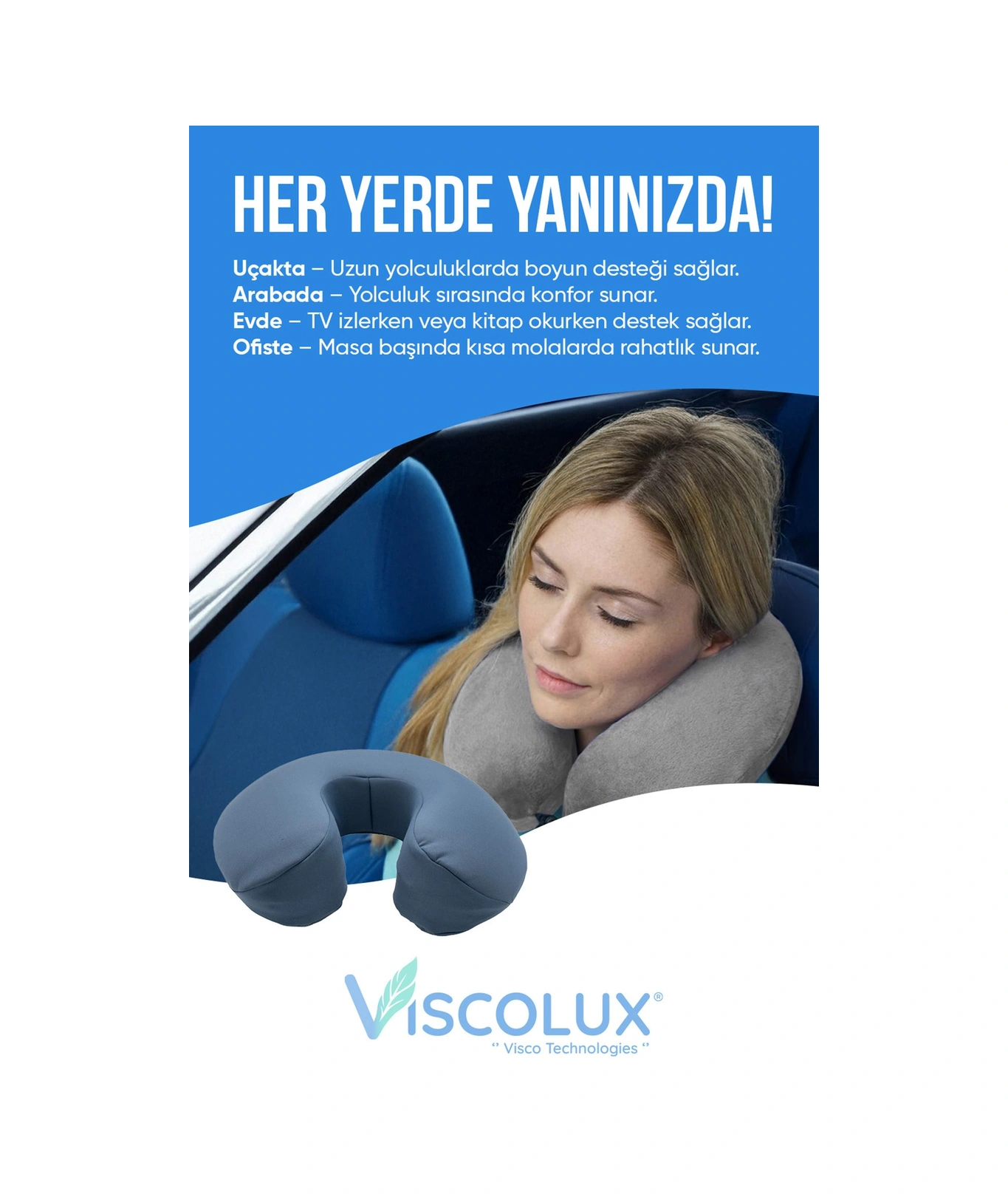 Ortopedik Visco Seyahat Yastığı - Visco Boyun Destekli Yastık 30x30x12 İndigo Mavi