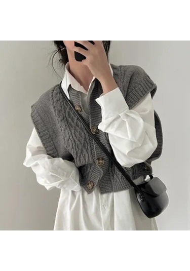 Siyah Kore Şık Vintage Büküm Kolsuz Kazak Yelek Kadın Sonbahar Kış Örme Yelek Yelekler Kadın Düğme O Boyun Triko 29143 Siyah