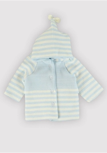 Örgü Kapşonlu Çizgili Çift Kat Hırka Taş