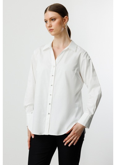 Ekol Kadın Büyük Beden Polo Yaka Gömlek 3506 Ekru Ekru